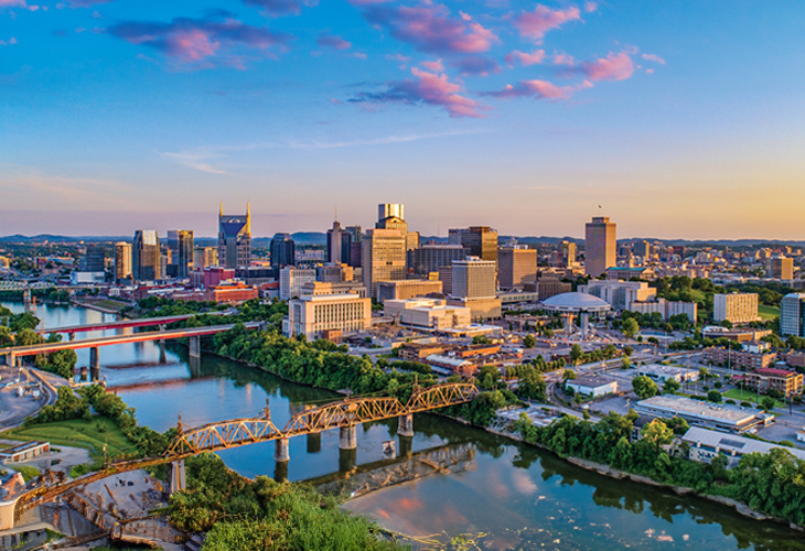 View from sunset in Knoxville builldings and river